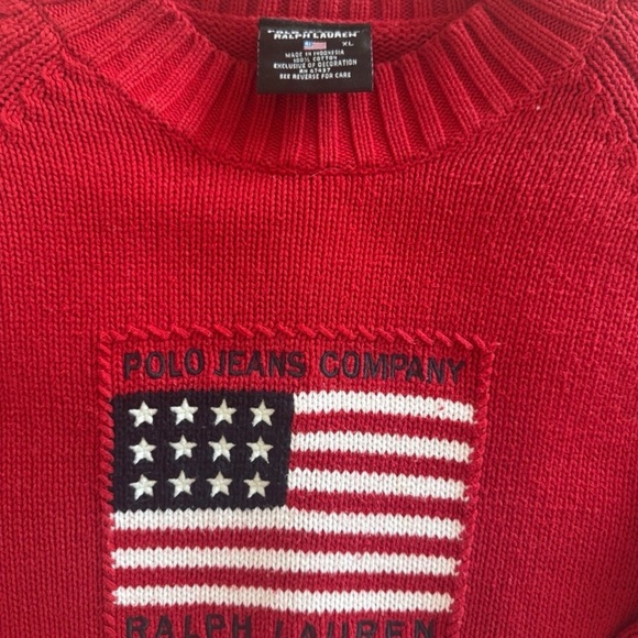 RALPH LAUREN Flag Sweater Red Knit 100% Cottom Embroider Vintage Polo Jeans Top - Picture 2 of 3